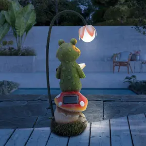 GardenKraft 10949 Solar Powered Light-Up Frog Reading On A Mushroom Garden Ornament