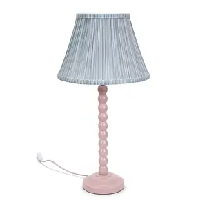 ValueLights Bobbles Rose Pink Bobbin Table Lamp with Blue Pleated Shade