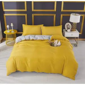 Microfiber Solid Colour Duvet Cover Set with Pillowcases Mustard/Grey / Double - 2 Standard Pillowcases