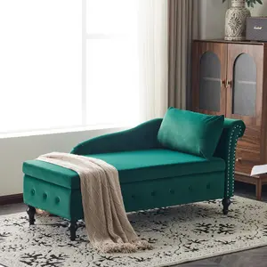 Velvet Chaise Lounge Sofa with Storage, Upholstered Chaise lounge Couch with Pillow for Living Room, Right Armrest, Green