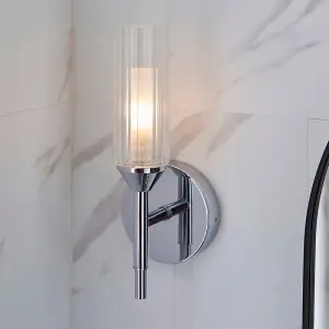 Chrome Plated Bathroom Wall Light - Ribbed Glass Shade & Frosted Diffuser