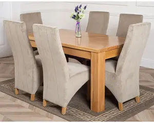 Dakota 152 x 87 cm Chunky Medium Oak Dining Table and 6 Chairs Dining Set with Lola Grey Fabric Chairs