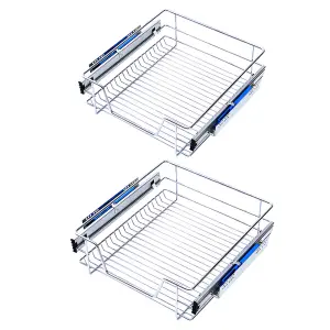 Set of 2 Metal Cupboard Drawer Cabinet Pull-Out Storage Basket for Kitchen,Silver,L 57 cm