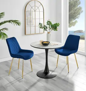 Elina White Marble Effect Round Pedestal Dining Table with Curved Black Support and 2 Navy Velvet Pesaro Gold Leg Chairs