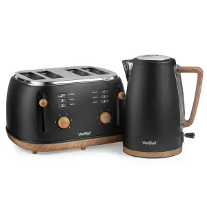 VonShef Black Kettle and Toaster Set With 1.7L Rapid Boil Kettle 3000W and 4 Slice Toaster 1500W - Fika Range