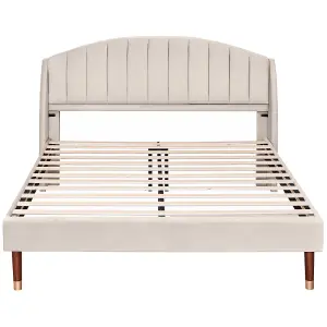 Double Bed-4ft6(135x190cm),with Slatted Frame and Headboard, Youth Bed, Wooden Slatted Support, Easy Assembly, Velvet, Beige 