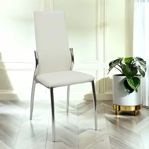 6x Nova Faux Leather Dining Chairs In White With Chrome Legs And Sides