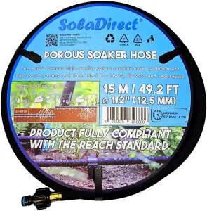 Soaker Hose, Porous Pipe, 15 m / 49.2 ft Long with Connectors, REACH Compliant, Water Saving up to 70%