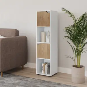 URBNLIVING 119cm Height 4 Cubes White Wooden Bookcase Shelving Display Shelf Oak Door Storage Unit