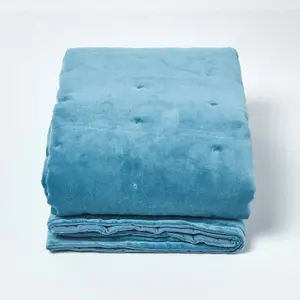 Homescapes Blue Velvet Quilted Throw, 150 x 200 cm