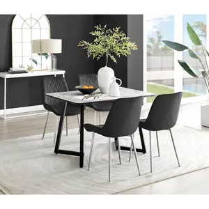 Industrial Design Grey & White Marble Effect Melamine Dining Table Set with 4 Luxury Velvet Chairs Black/Silver