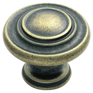 4x Round Ringed Pattern Door Knob 32mm Diameter Antique Brass Cabinet Handle