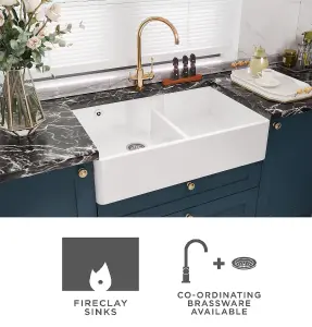 895mm - Double Bowl Fireclay Butler Kitchen Sink - Stepped Weir, Classic Tap & Wastes