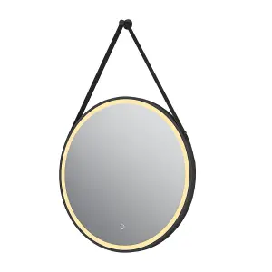 Janie LED Black Circular Hanging Bathroom Mirror with Strap (H)1000mm (W)800mm