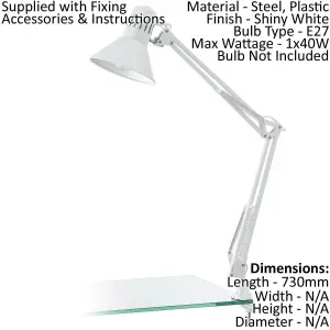 2 PACK Table Desk Lamp Colour Shiny White Moveable In Line Switch E27 1x40W