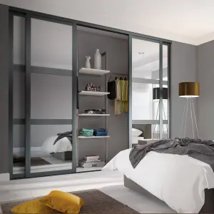 Panel Shaker Mirrored Graphite 4 door Sliding Wardrobe Door kit (H)2260mm (W)3506mm