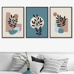 Botanical Set of 3 Boho Wall Art Prints in Blue and Cream Wall Art Prints / 42x59cm (A2) / Black Frame