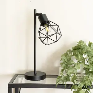 ValueLights Angus Matt Black Metal Geometric Basket Shade Table Lamp with LED Bulb