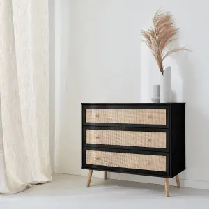 sweeek. 3-drawer chest with wood and cane effect Boheme Black 90x39x79 cm