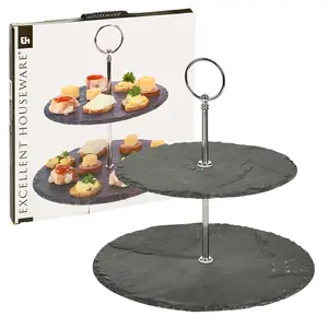 URBNLIVING 2 Tier Slate Round Pastry Pie Stand Decorative Wedding Cake Cupcake Platform Plate NEW