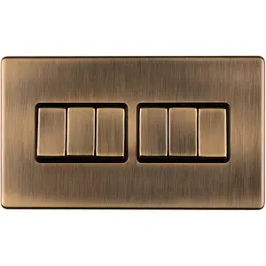 6 Gang Multi Light Switch SCREWLESS ANTIQUE BRASS 2 Way 10A Metal Rocker Slim