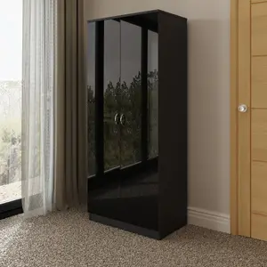 2 Door Black Gloss Double Wardrobe Scratch Resistant Bedroom Furniture