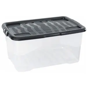 1 x 30 Litre Clear Transparent Base Stackable Curve Underbed Plastic Storage Box With Black Lid