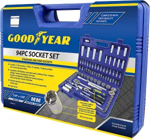 Goodyear Socket Set & Screwdriver Bit Torx Ratchet Case 94PC 1/2" 1/4" Tool Kit