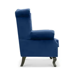 Velvet Wing Back Fireside Henley Chair Armchair with Buttons Blue