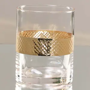 Set of 2 Whisky Tumblers Geometric Embossed Gold Diamond Band Whiskey Glasses