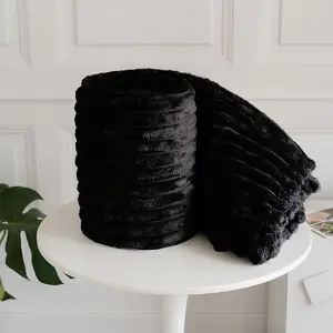 Chunky Ribbed Cord Faux Fur Velvet Touch Sofa Bed Throwover Soft touch Blanket Black (150 x 200CM)