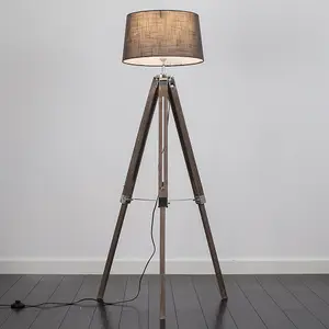 ValueLights Clipper Wood and Silver Chrome Tripod Floor Lamp with Grey Tapered Shade - Complete with 6w LED GLS Bulb In Warm White