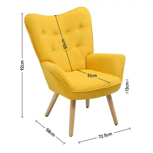 Yellow Linen Tufted Back Armchair with Plush Cushioning and Natural Rubberwood Legs