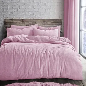 Velosso Plain Teddy Warm And Cosy Duvet Cover And Pillowcase Set - Pink