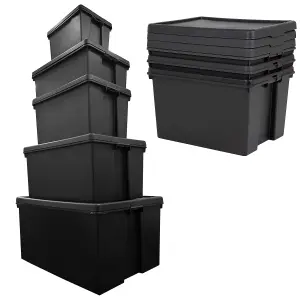 5 x 150L Extra Large Super Strong Black Impact Resistant Heavy Duty Plastic Storage Containers With Lid