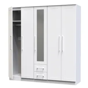 Ripon Tall 5 Door 2 Drawer 1 Mirror Wardrobe in White Ash (Ready Assembled)