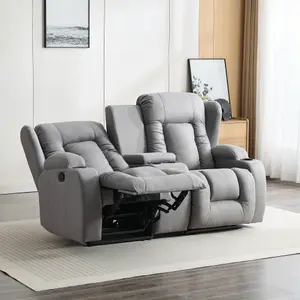 Caesar 2 Seater Grey Technology Fabric Modern Manual Recliner Sofa W Drinks Console