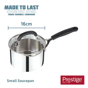 Prestige Made to Last Silver Round Stainless Steel Dishwasher Safe Saucepan with Double Sided Straining Lids 16cm, 1.9L