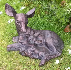 Doe and Baby Fawn Laying Deer Garden Ornament Sculpture Hand Crafted Aluminium