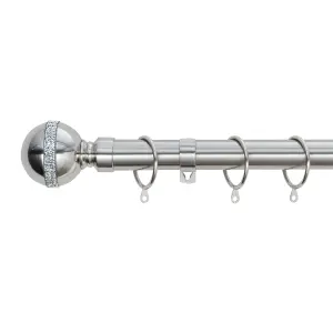 A.Unique Home Diamante Ball Metal Extendable Curtain Pole with Rings and Fittings (25/28mm) - Brushed Steel, 120cm - 220cm Approx