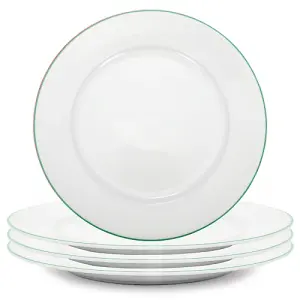 Set of 4 Durable White Ceramic Dinner Plates with Elegant Green Rim