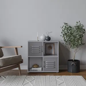 URBNLIVING 61cm Height Cube Bookcase Grey Metal Door Display Shelf Storage Unit Shelving Cupboard Organiser Grey