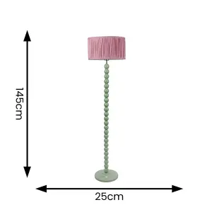 ValueLights Bobbins Sage Green Floor Lamp with Ruched Pleated Blush Pink Drum Shade