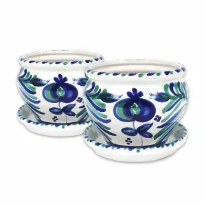 Granada Hand Painted White Set of 2 Bola Plant Pots & Drainage Plates (D) 25cm