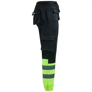 MS9 Mens Hi Viz Vis High Visibility Fleece Cargo Work Trousers Joggers Pants, Black and Yellow - L