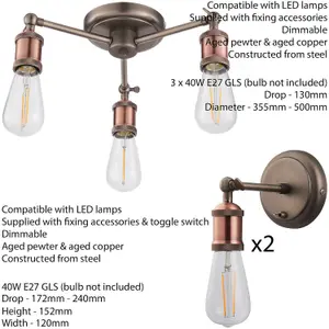 3 Lamp Ceiling Pendant & 2x Matching Wall Light Pack Tarnished Aged Copper Kit