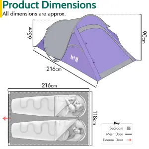 2 Man Pop Up Tent Lightweight Portable Camping Festival Shelter Single Skin Trail - Purple