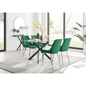 Lenworth Glass Rectangular Dining Table Set with 4 Luxury Velvet Chairs Green/Silver / Black