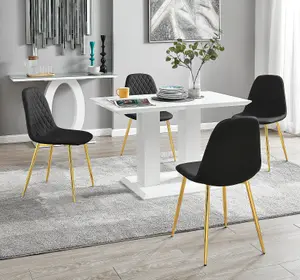 Furniturebox UK 4 Seater Dining Set - Imperia White High Gloss Dining Table and Chairs - 4 Black Corona Gold Chairs