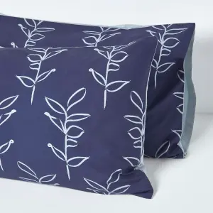 Homescapes Blue Leaf Digitally Printed Cotton Duvet Cover Set, Super King